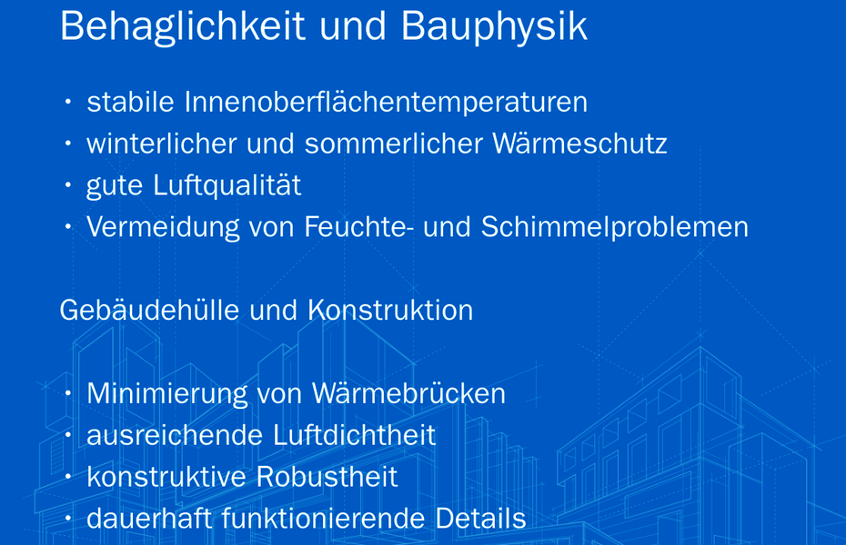 Grafik zur energieeffizienten Architektur mit Einflussfaktoren wie Gebäudeoberfläche, Volumen, Orientierung, Fassadengestaltung, Fensterflächen und Verschattung