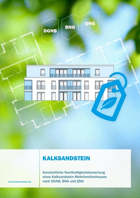 Titelblatt der Kalksandstein-Fachpublikation „Nachhaltigkeit im Wohnungsbau“ mit Darstellung eines Mehrfamilienhauses und Analyse zu Ökobilanz, Lebenszykluskosten und Wirtschaftlichkeit von Kalksandstein
